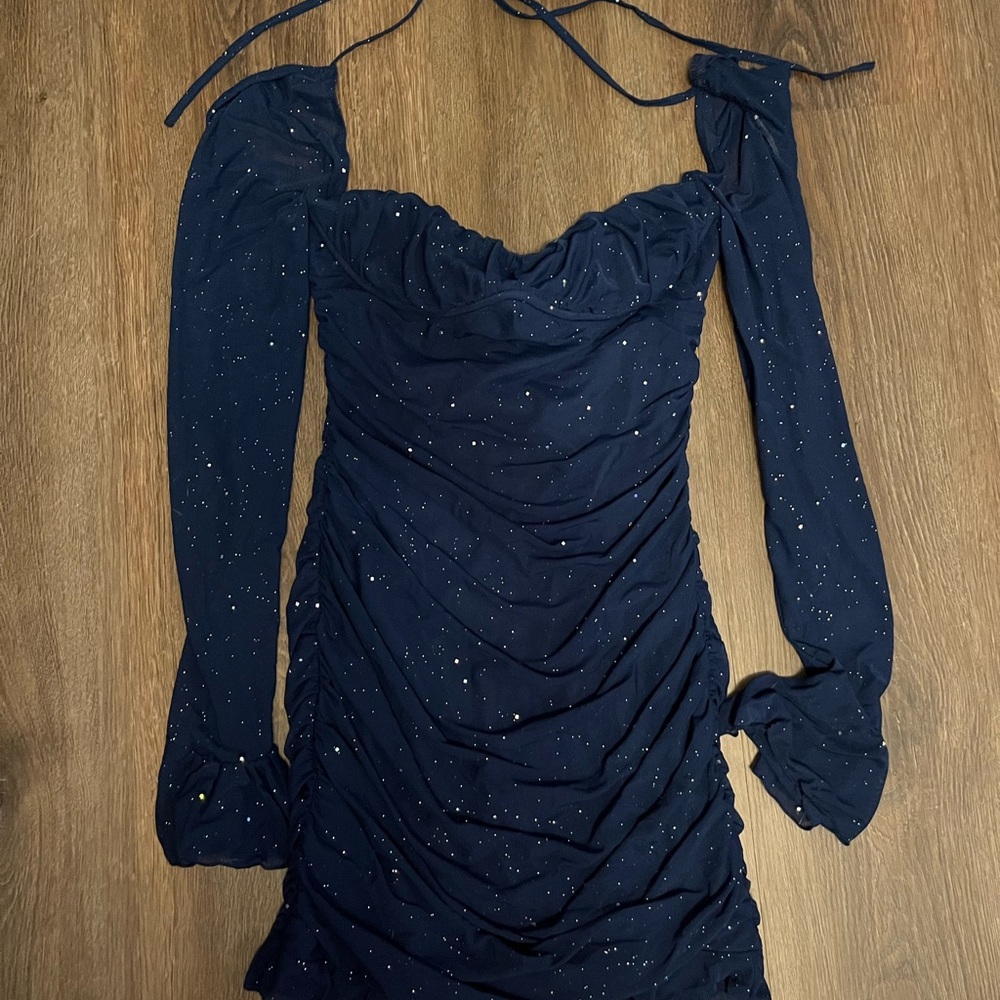 Elegant Navy Ruched Dress with Sparkle Detail